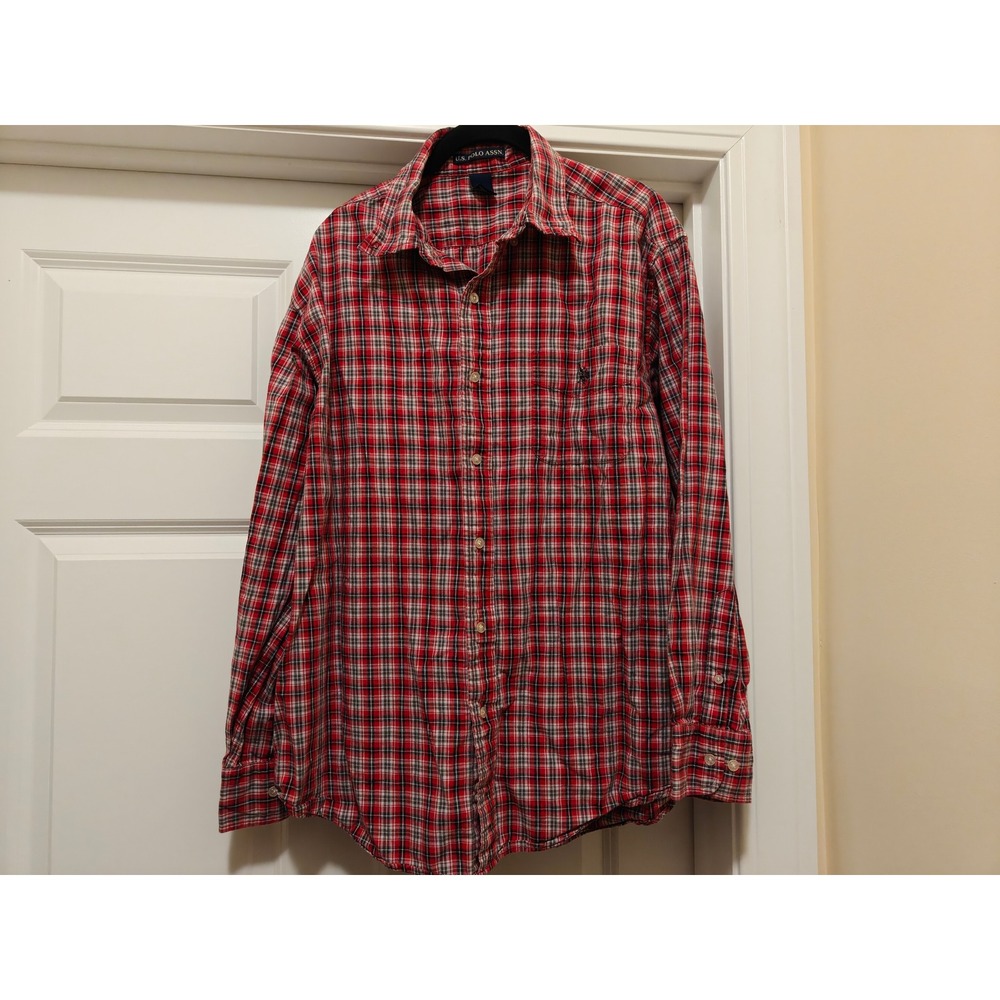 US Polo Assn Mens Red Plaid Long Sleeve Button Down Shirt Size L 100% Cotton